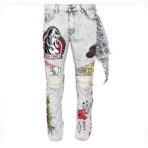 High Times Mens Graphic Printed Distressed Ribbed Moto Jeans White Wash/32/NWT